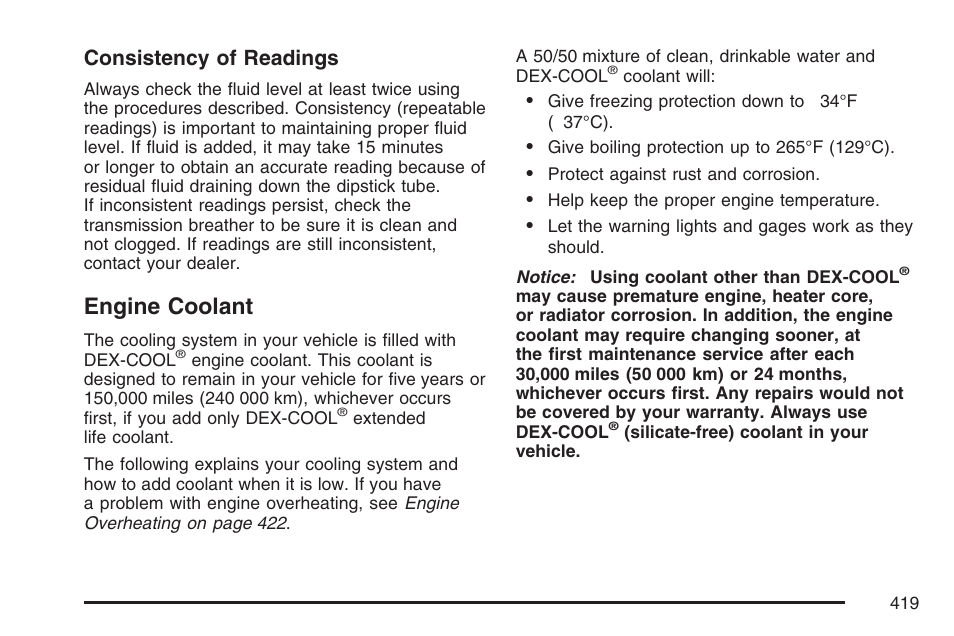 Engine coolant, Consistency of readings | Cadillac 2007 Escalade EXT User Manual | Page 419 / 580