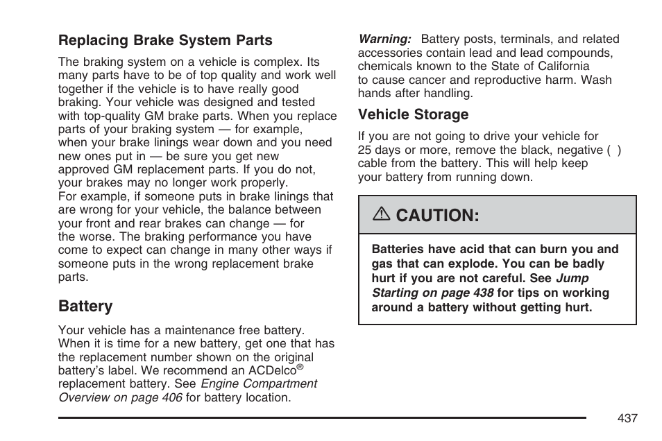 Battery, Caution | Cadillac 2007 Escalade EXT User Manual | Page 437 / 580