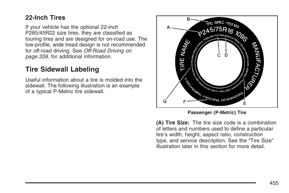 Tire sidewall labeling | Cadillac 2007 Escalade EXT User Manual | Page 455 / 580