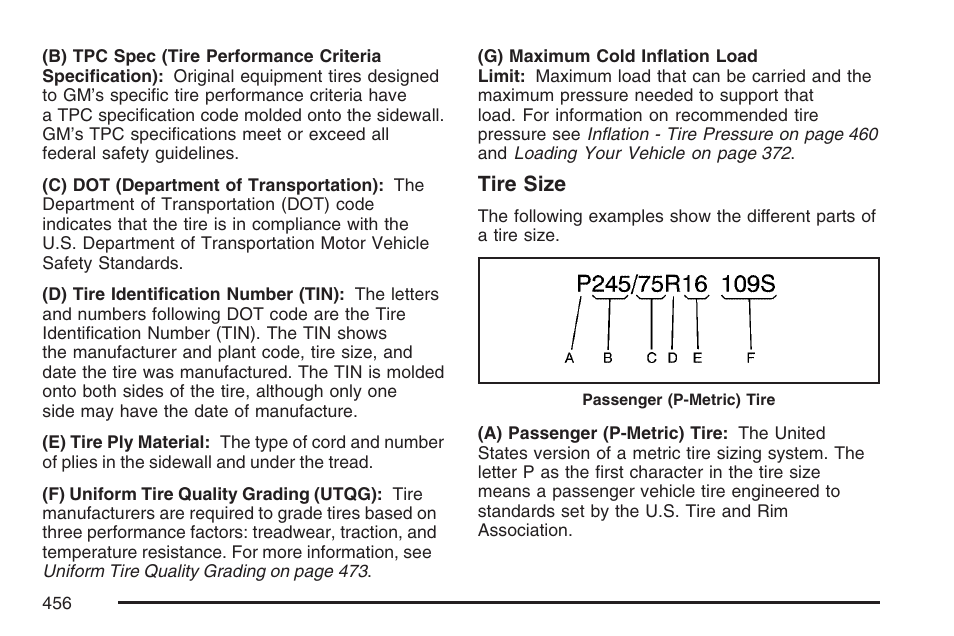 Tire size | Cadillac 2007 Escalade EXT User Manual | Page 456 / 580