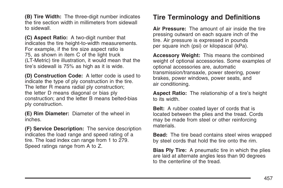 Tire terminology and definitions | Cadillac 2007 Escalade EXT User Manual | Page 457 / 580