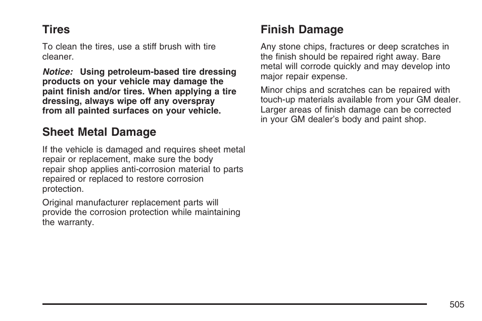 Tires, Sheet metal damage, Finish damage | Tires sheet metal damage finish damage | Cadillac 2007 Escalade EXT User Manual | Page 505 / 580