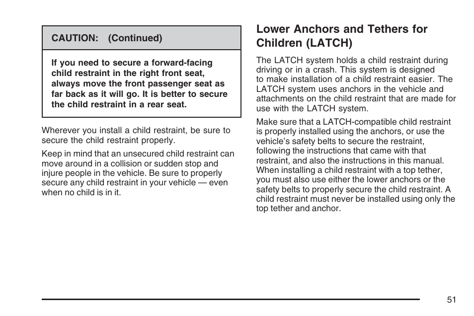 Lower anchors and tethers for children (latch), Lower anchors and tethers for, Children (latch) | Cadillac 2007 Escalade EXT User Manual | Page 51 / 580