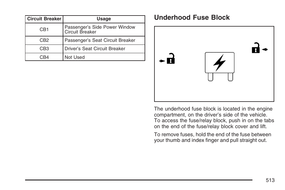 Underhood fuse block, Underhood fuse, Block | Cadillac 2007 Escalade EXT User Manual | Page 513 / 580