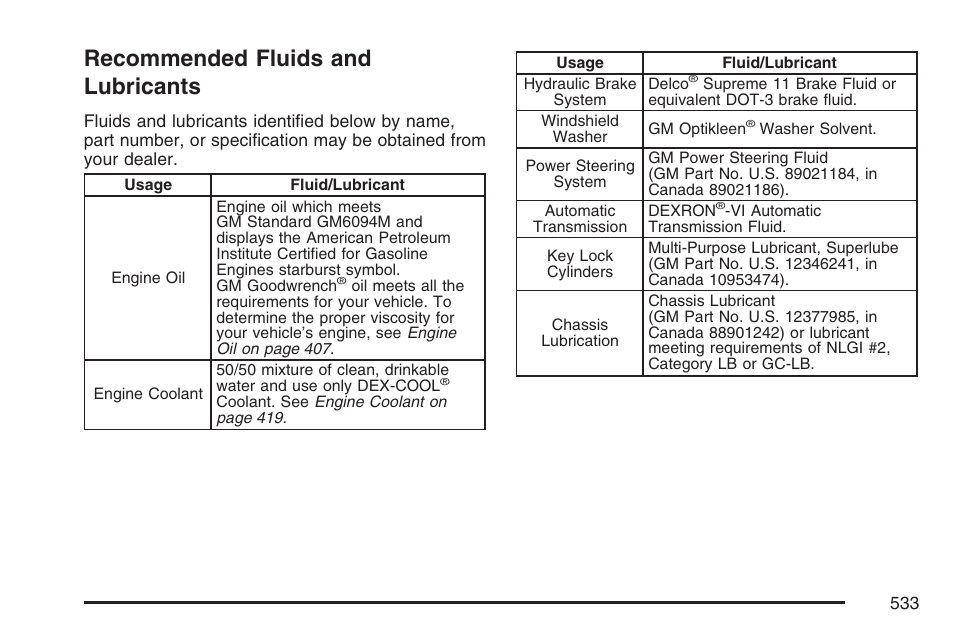 Recommended fluids and lubricants | Cadillac 2007 Escalade EXT User Manual | Page 533 / 580