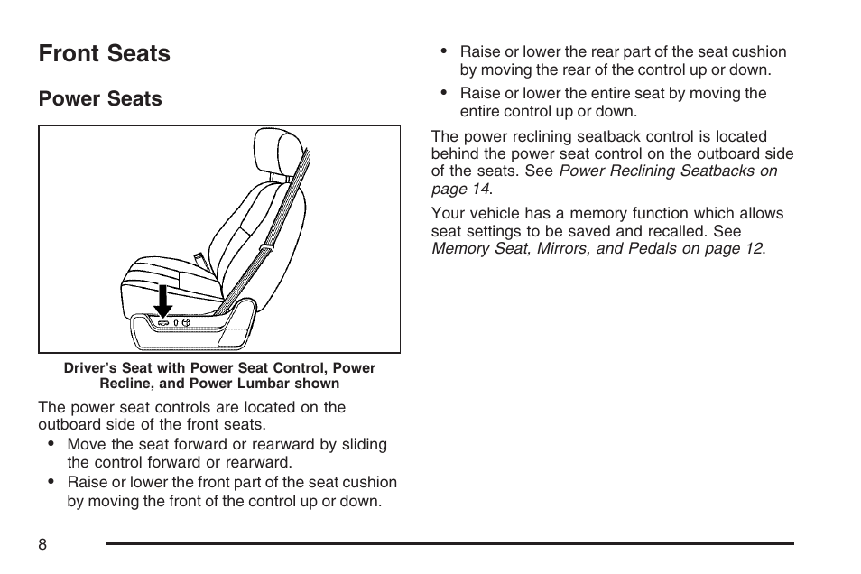 Front seats, Power seats | Cadillac 2007 Escalade EXT User Manual | Page 8 / 580