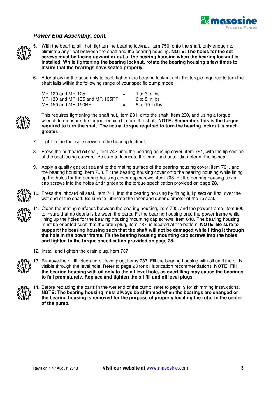 Power end assembly, cont | Watson-Marlow MR-Series User Manual | Page 13 / 52