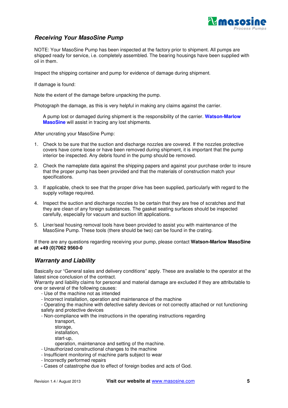 Receiving your masosine pump, Warranty and liability | Watson-Marlow MR-Series User Manual | Page 5 / 52