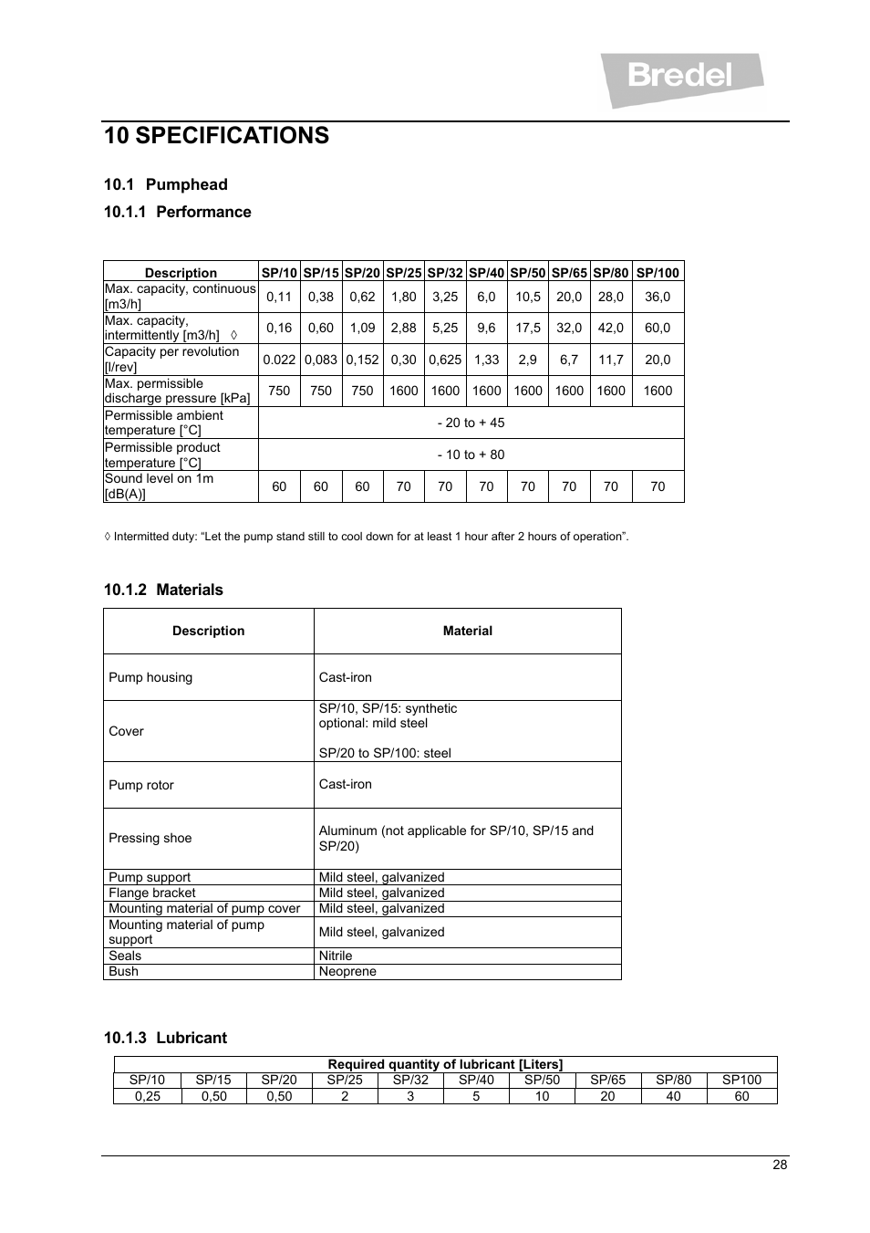 10 specifications | Watson-Marlow SP Series User Manual | Page 28 / 49
