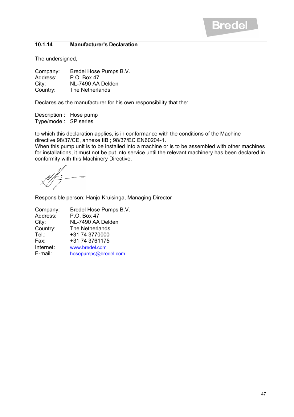 Watson-Marlow SP Series User Manual | Page 47 / 49