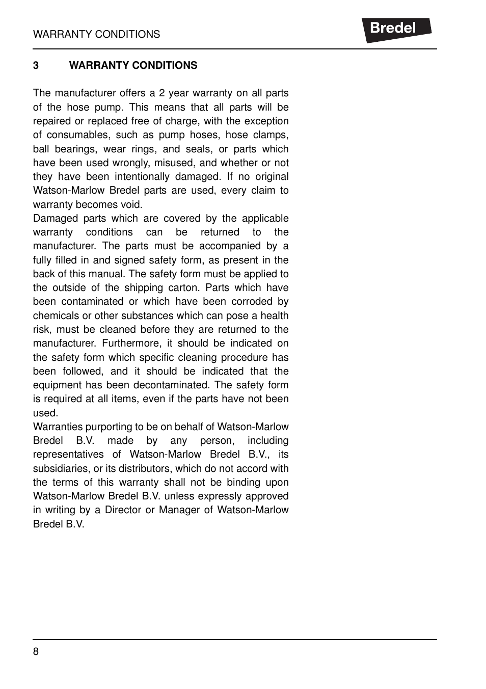 3 warranty conditions, Warranty conditions | Watson-Marlow SP40 User Manual | Page 11 / 86