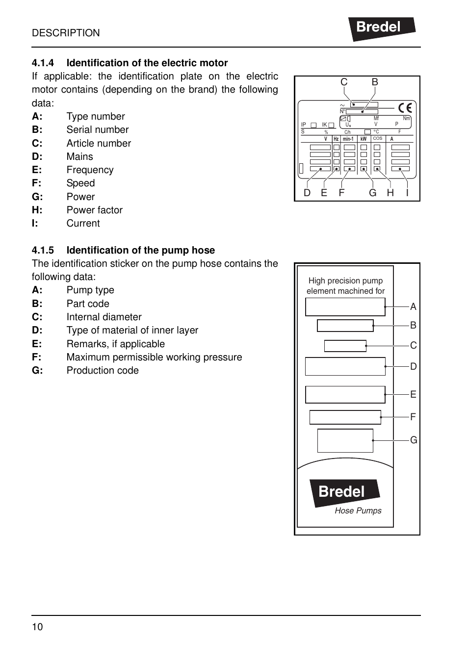 4 identification of the electric motor, 5 identification of the pump hose, Bredel | Watson-Marlow SP40 User Manual | Page 13 / 86
