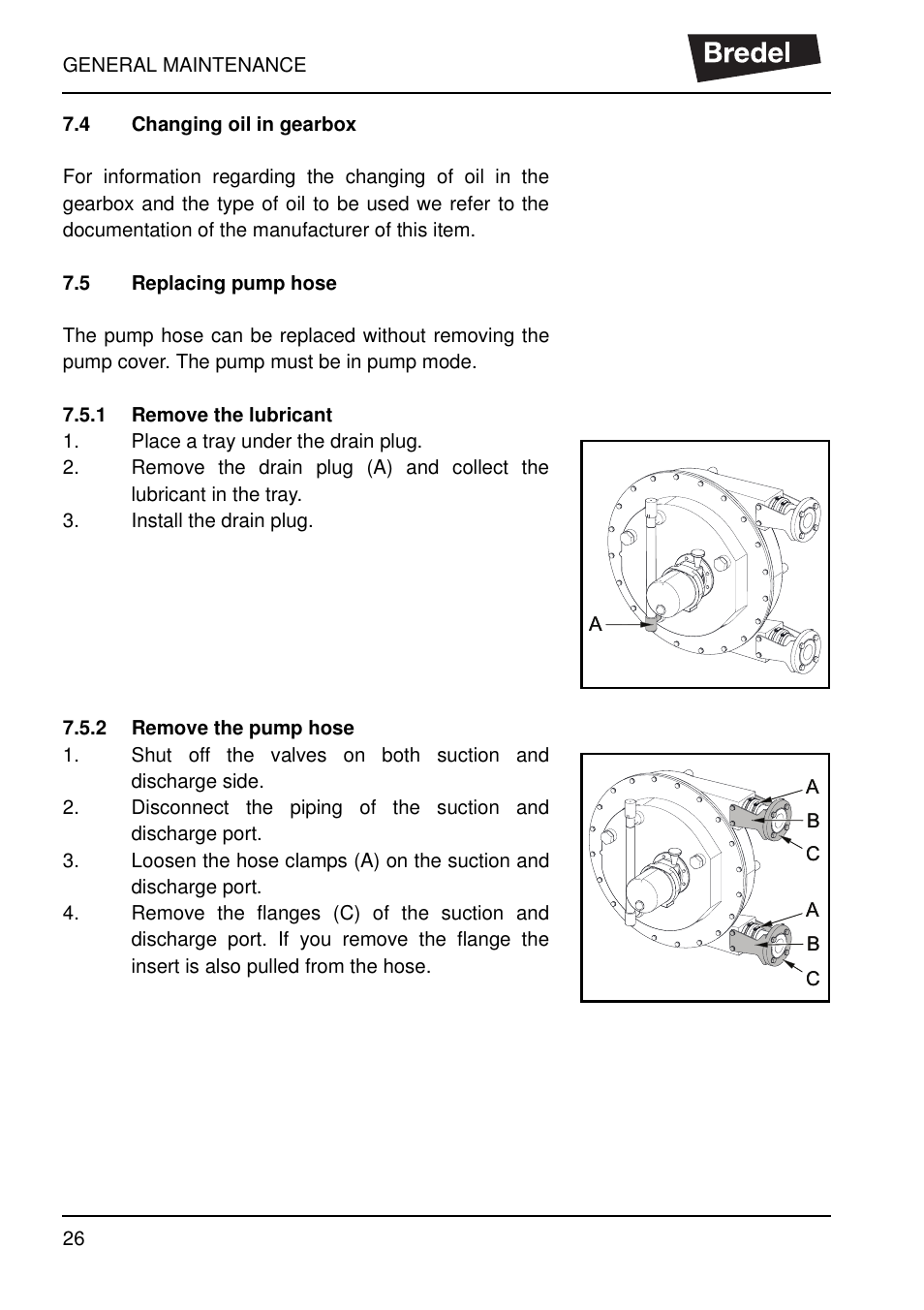4 changing oil in gearbox, 5 replacing pump hose, 1 remove the lubricant | 2 remove the pump hose, Changing oil in gearbox | Watson-Marlow SP40 User Manual | Page 29 / 86