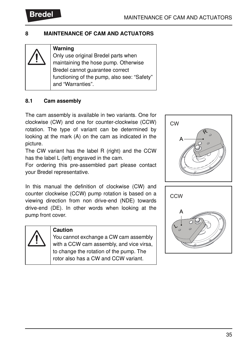 8 maintenance of cam and actuators, 1 cam assembly, Maintenance of cam and actuators 8.1 | Cam assembly | Watson-Marlow SP40 User Manual | Page 38 / 86