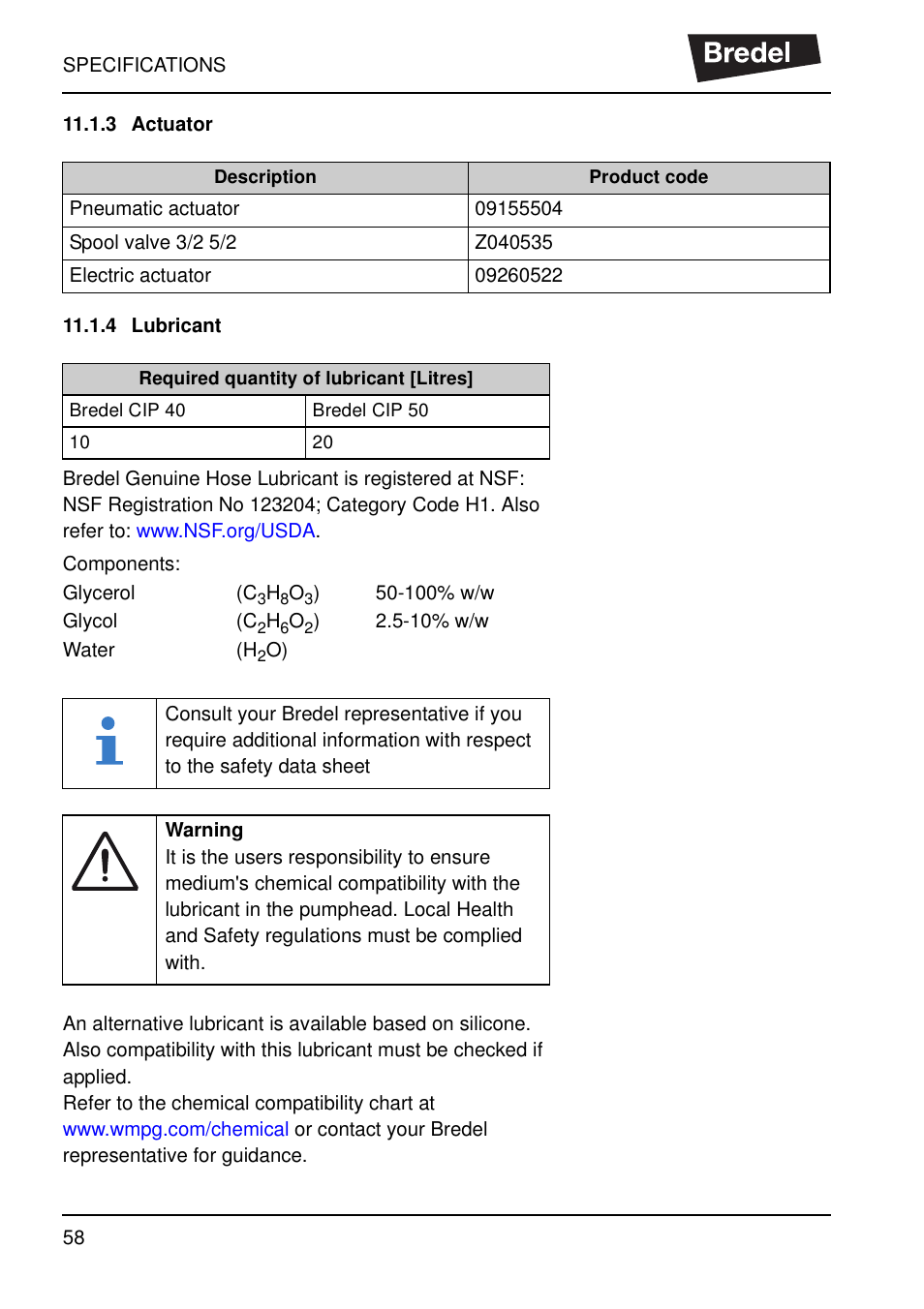 3 actuator, 4 lubricant, 3 actuator 11.1.4 lubricant | Watson-Marlow SP40 User Manual | Page 61 / 86