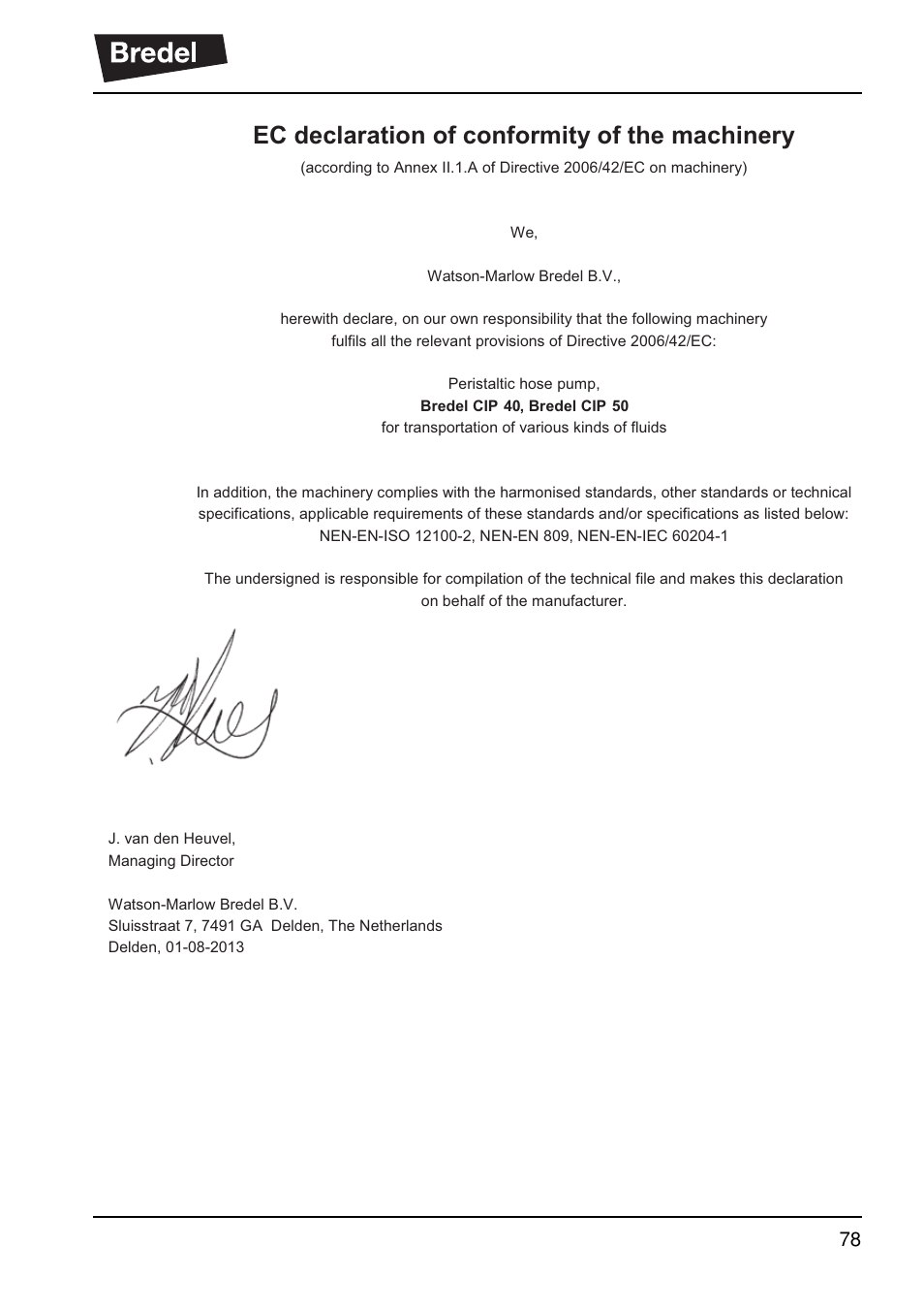 Eg-declaration of conformity, Ec declaration of conformity of the machinery | Watson-Marlow SP40 User Manual | Page 81 / 86