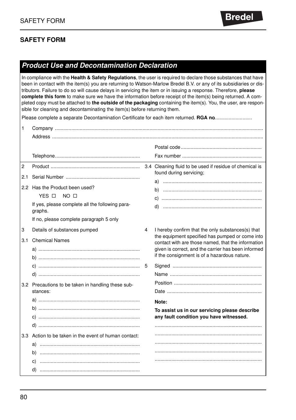 Safety form, Product use and decontamination declaration, Safety form 80 safety form | Watson-Marlow SP40 User Manual | Page 83 / 86