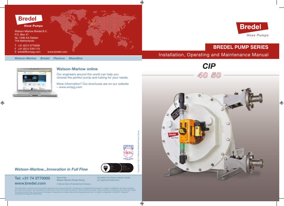 Bredel pump series, Installation, operating and maintenance manual, Watson-marlow online | Watson-Marlow SP40 User Manual | Page 86 / 86