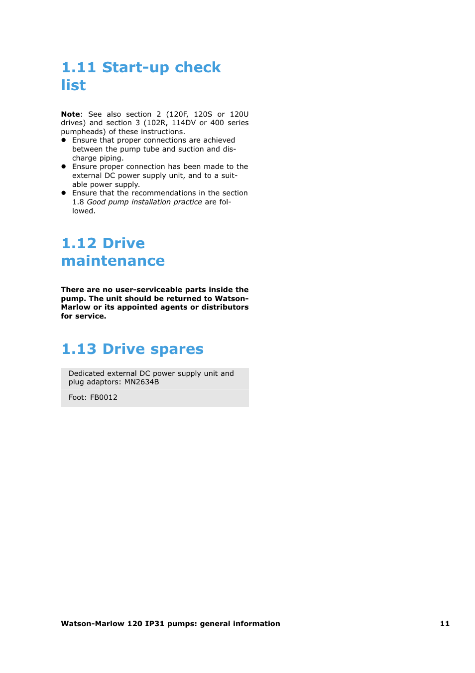 11 start-up check list, 12 drive maintenance, 13 drive spares | Watson-Marlow 120U/D1 User Manual | Page 13 / 36