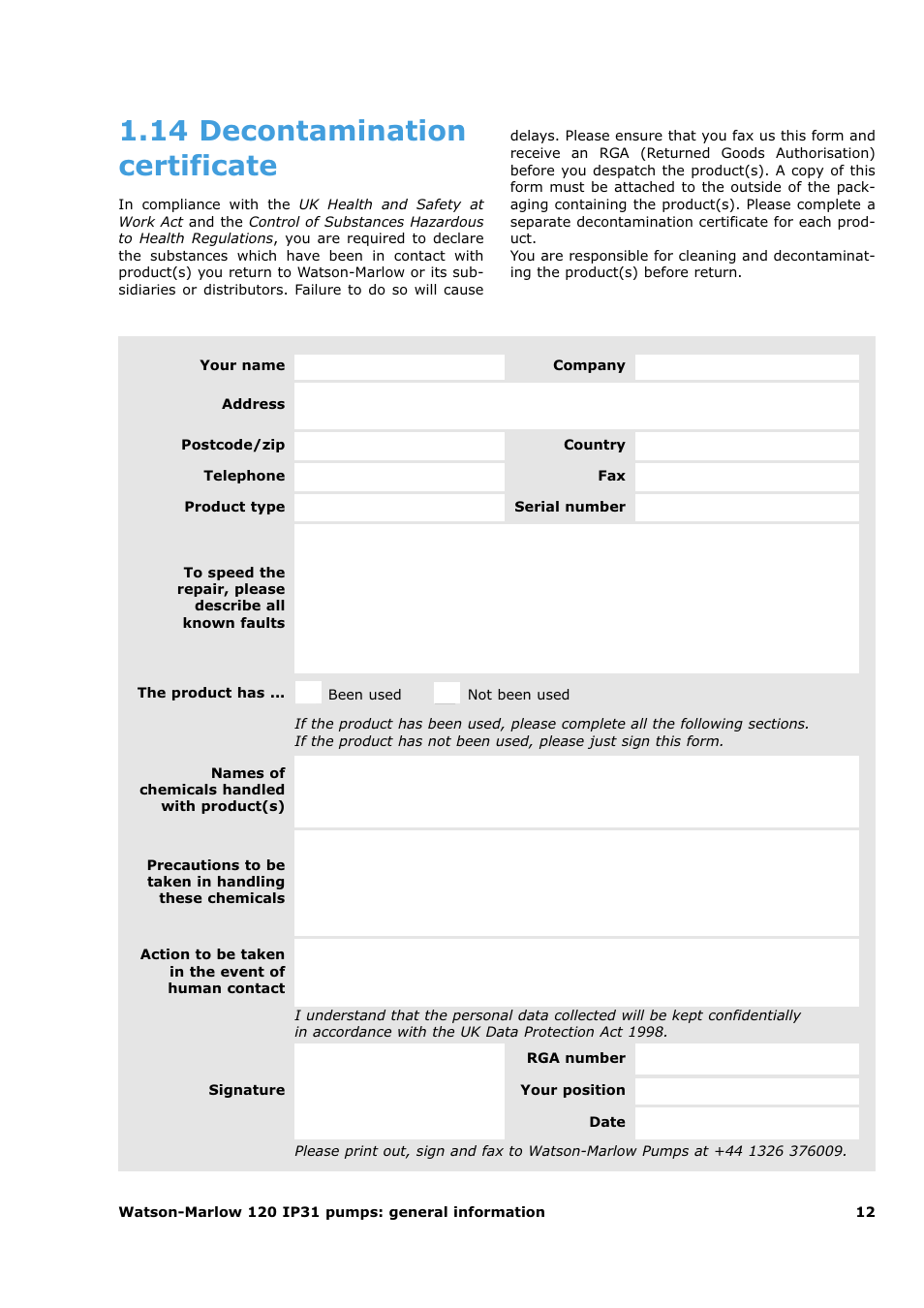 14 decontamination certificate | Watson-Marlow 120U/D1 User Manual | Page 14 / 36