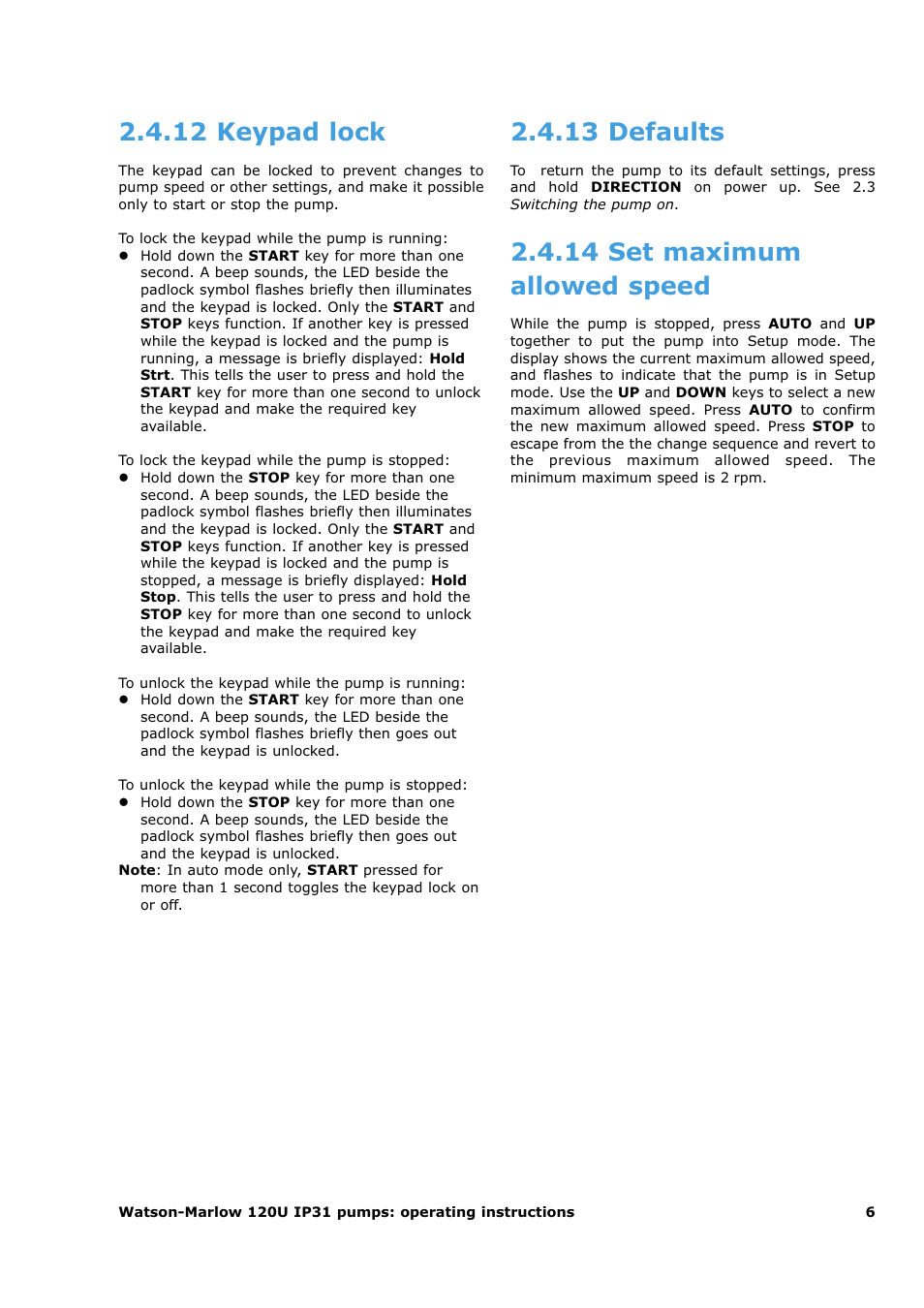 12 keypad lock, 13 defaults, 14 set maximum allowed speed | Watson-Marlow 120U/D1 User Manual | Page 20 / 36