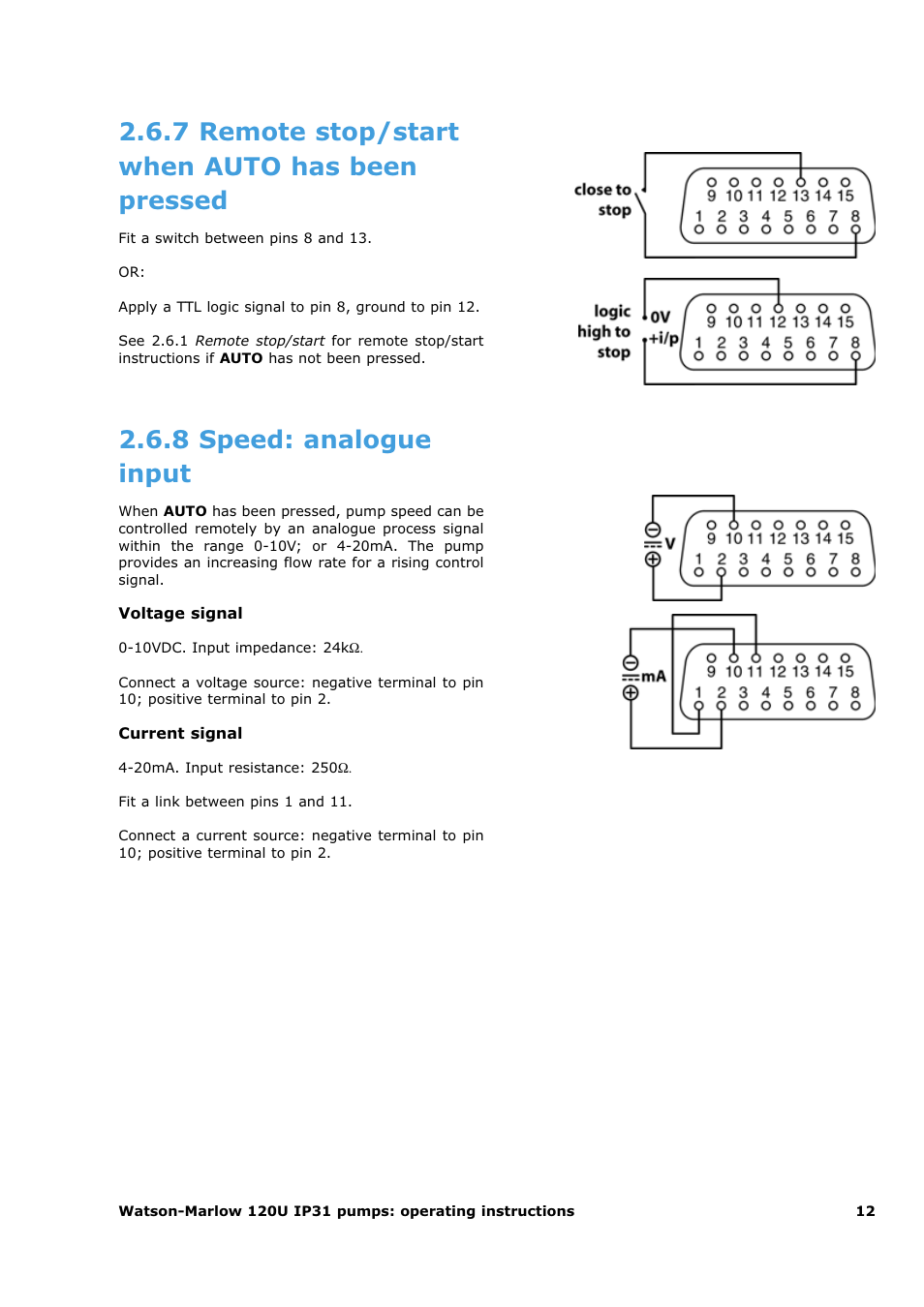 7 remote stop/start when auto has been pressed, 8 speed: analogue input | Watson-Marlow 120U/D1 User Manual | Page 26 / 36