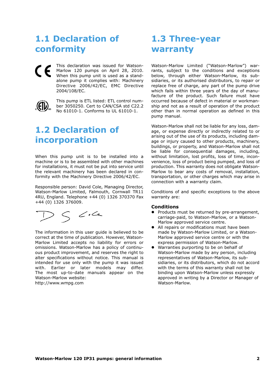 1 declaration of conformity, 2 declaration of incorporation, 3 three-year warranty | Watson-Marlow 120U/D1 User Manual | Page 4 / 36