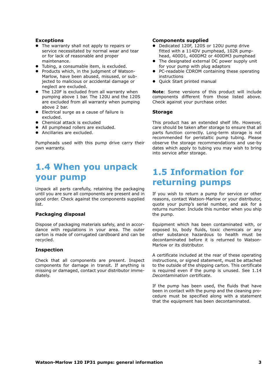 4 when you unpack your pump, 5 information for returning pumps | Watson-Marlow 120U/D1 User Manual | Page 5 / 36