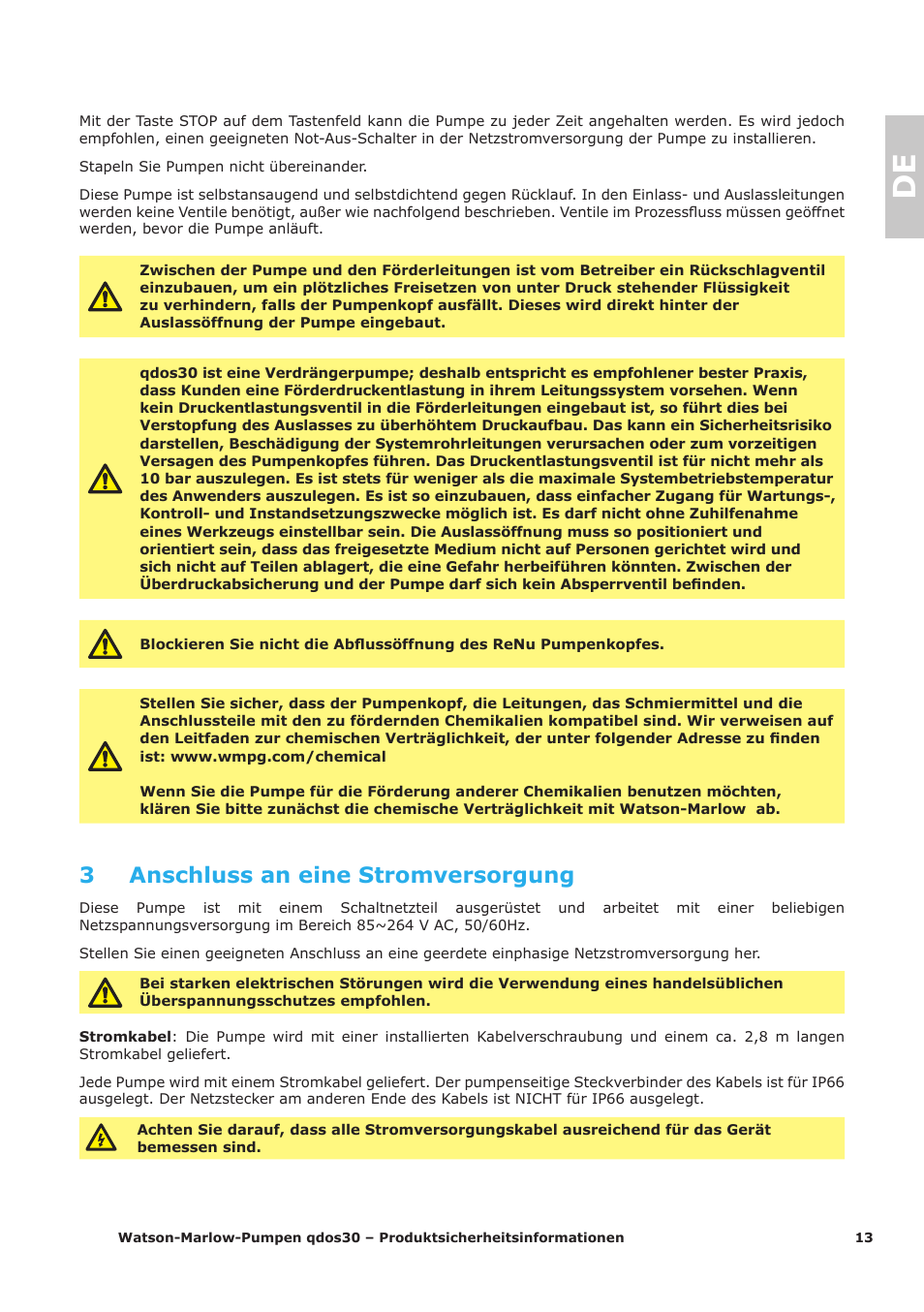 3 anschluss an eine stromversorgung | Watson-Marlow Qdos30 Universal User Manual | Page 13 / 40