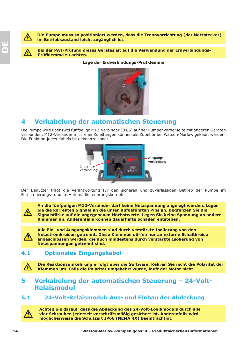 4 verkabelung der automatischen steuerung, 1 optionales eingangskabel | Watson-Marlow Qdos30 Universal User Manual | Page 14 / 40