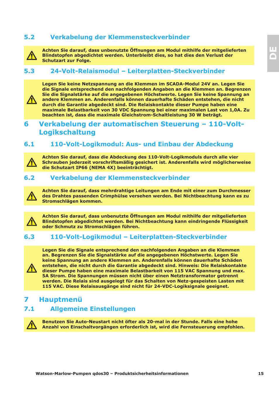 7 hauptmenü, 2 verkabelung der klemmensteckverbinder, 1 allgemeine einstellungen | Watson-Marlow Qdos30 Universal User Manual | Page 15 / 40