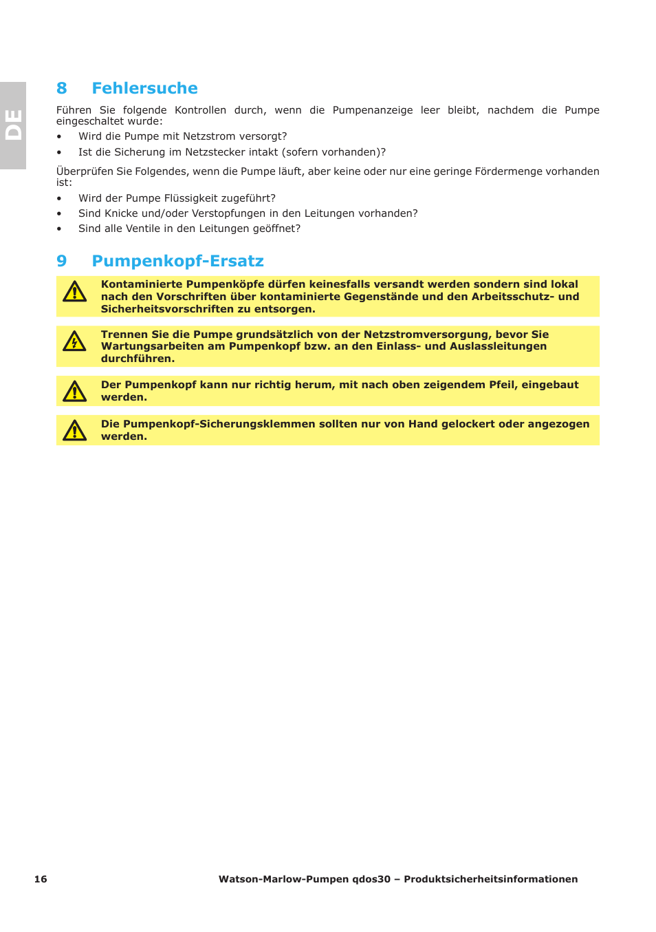 8 fehlersuche, 9 pumpenkopf-ersatz | Watson-Marlow Qdos30 Universal User Manual | Page 16 / 40