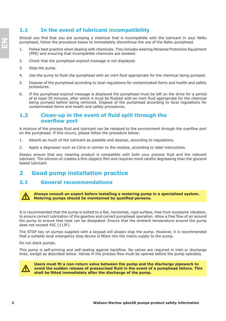 2 good pump installation practice, 1 in the event of lubricant incompatibility, 1 general recommendations | Watson-Marlow Qdos30 Universal User Manual | Page 2 / 40