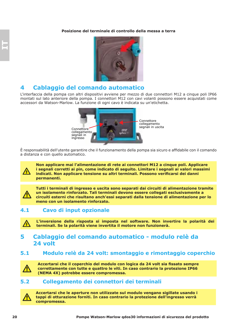 4 cablaggio del comando automatico, 1 cavo di input opzionale, 2 collegamento dei connettori dei terminali | Watson-Marlow Qdos30 Universal User Manual | Page 20 / 40