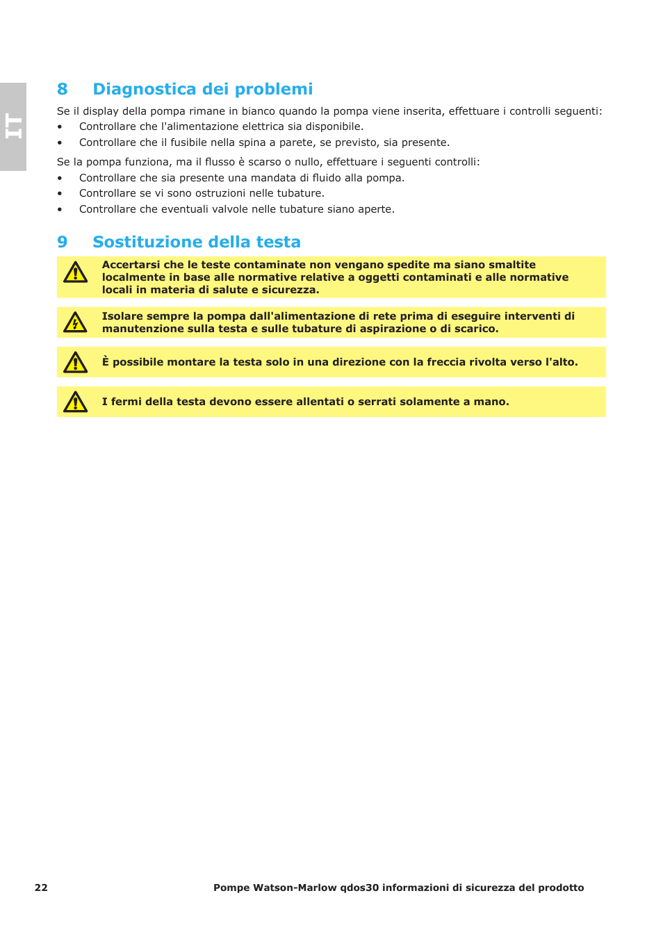 8 diagnostica dei problemi, 9 sostituzione della testa | Watson-Marlow Qdos30 Universal User Manual | Page 22 / 40