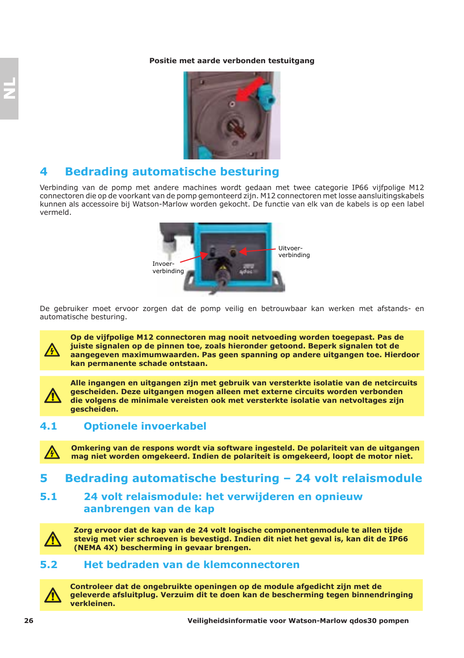 4 bedrading automatische besturing, 1 optionele invoerkabel, 2 het bedraden van de klemconnectoren | Watson-Marlow Qdos30 Universal User Manual | Page 26 / 40