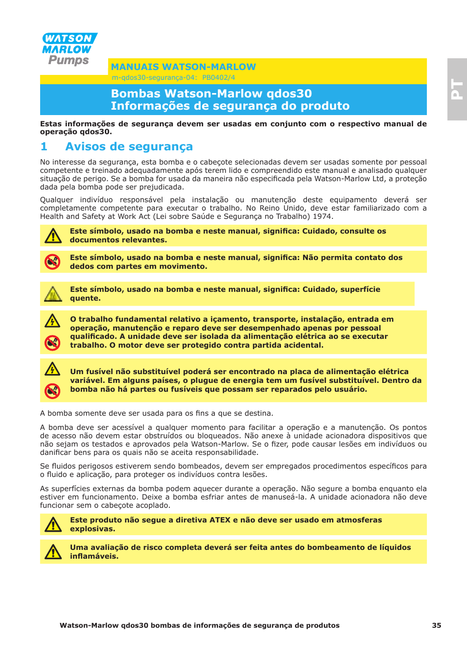 1 avisos de segurança | Watson-Marlow Qdos30 Universal User Manual | Page 35 / 40