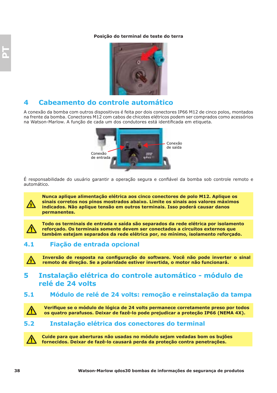 4 cabeamento do controle automático, 1 fiação de entrada opcional, 2 instalação elétrica dos conectores do terminal | Watson-Marlow Qdos30 Universal User Manual | Page 38 / 40