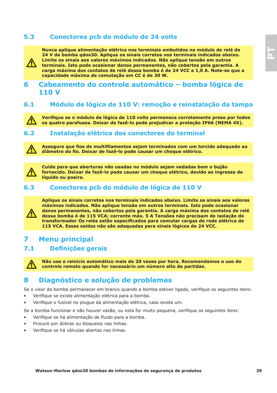 7 menu principal, 8 diagnóstico e solução de problemas | Watson-Marlow Qdos30 Universal User Manual | Page 39 / 40