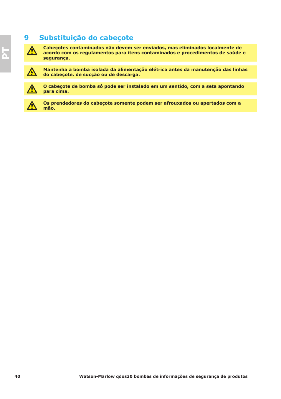 9 substituição do cabeçote | Watson-Marlow Qdos30 Universal User Manual | Page 40 / 40