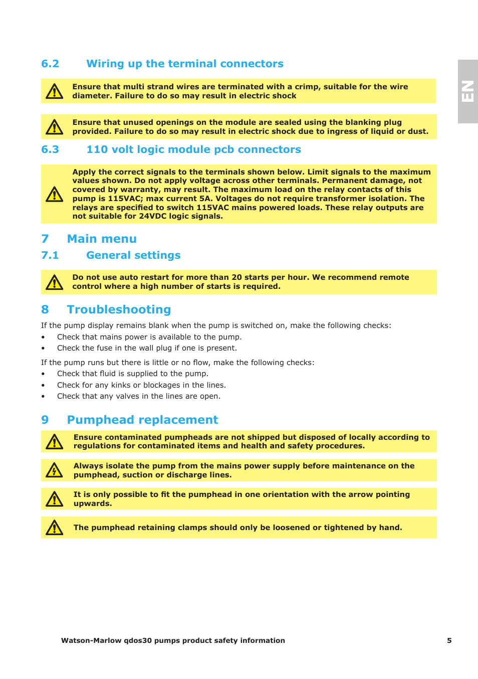 7 main menu, 8 troubleshooting, 9 pumphead replacement | 2 wiring up the terminal connectors, 3 110 volt logic module pcb connectors, 1 general settings | Watson-Marlow Qdos30 Universal User Manual | Page 5 / 40
