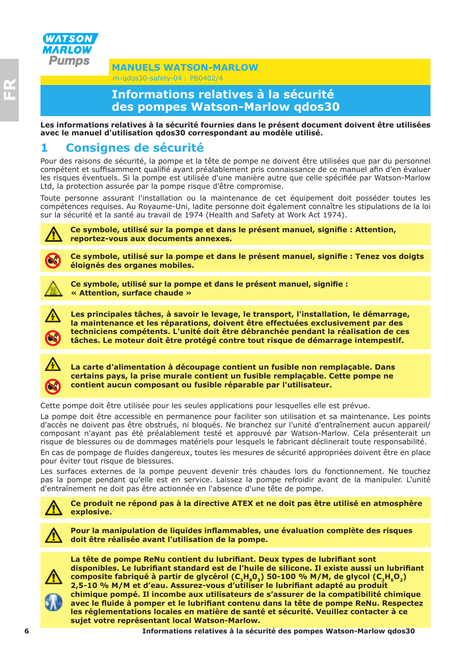 1 consignes de sécurité, Manuels watson-marlow | Watson-Marlow Qdos30 Universal User Manual | Page 6 / 40