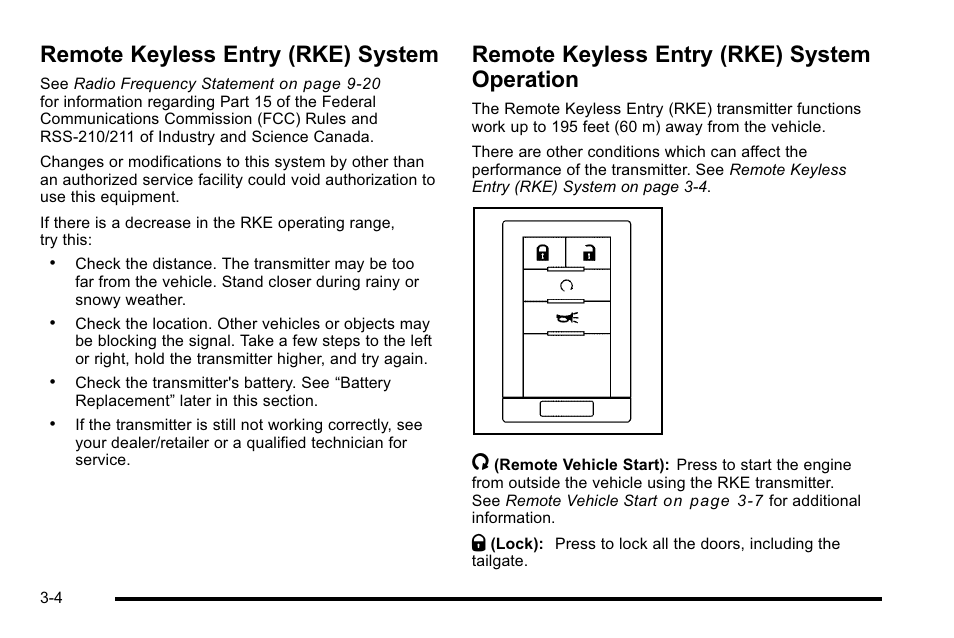 Remote keyless entry (rke) system, Remote keyless entry (rke) system operation, Operation -4 | Cadillac 2010 Escalade EXT User Manual | Page 106 / 580