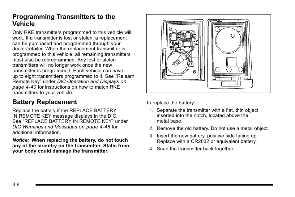 Programming transmitters to the vehicle, Battery replacement | Cadillac 2010 Escalade EXT User Manual | Page 108 / 580