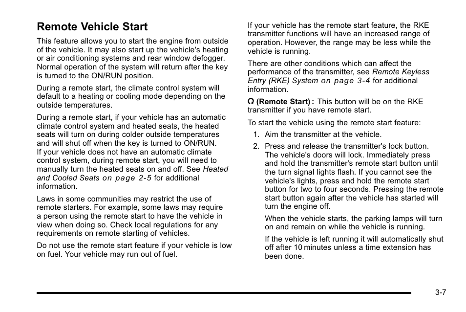 Remote vehicle start, Remote vehicle start -7 | Cadillac 2010 Escalade EXT User Manual | Page 109 / 580