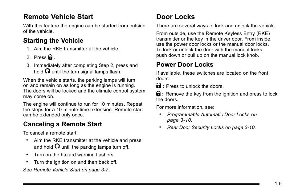 Remote vehicle start, Door locks, Remote vehicle start -5 door locks -5 | Starting the vehicle, Canceling a remote start, Power door locks | Cadillac 2010 Escalade EXT User Manual | Page 11 / 580