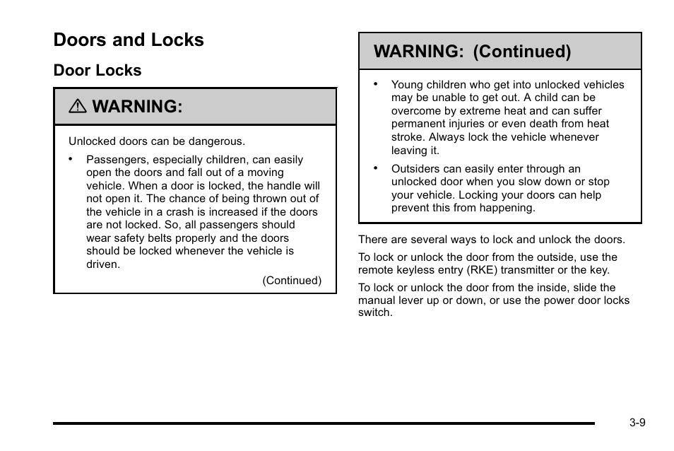 Doors and locks, Door locks, Doors and locks -9 | Voice recognition, Door locks -9, Warning, Warning: (continued) | Cadillac 2010 Escalade EXT User Manual | Page 111 / 580