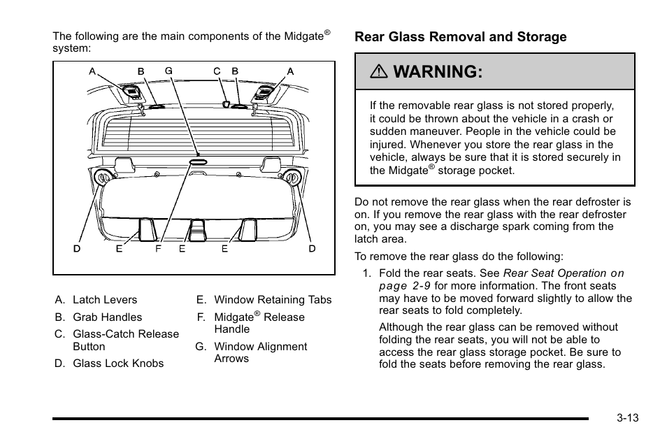 Warning, Rear glass removal and storage | Cadillac 2010 Escalade EXT User Manual | Page 115 / 580