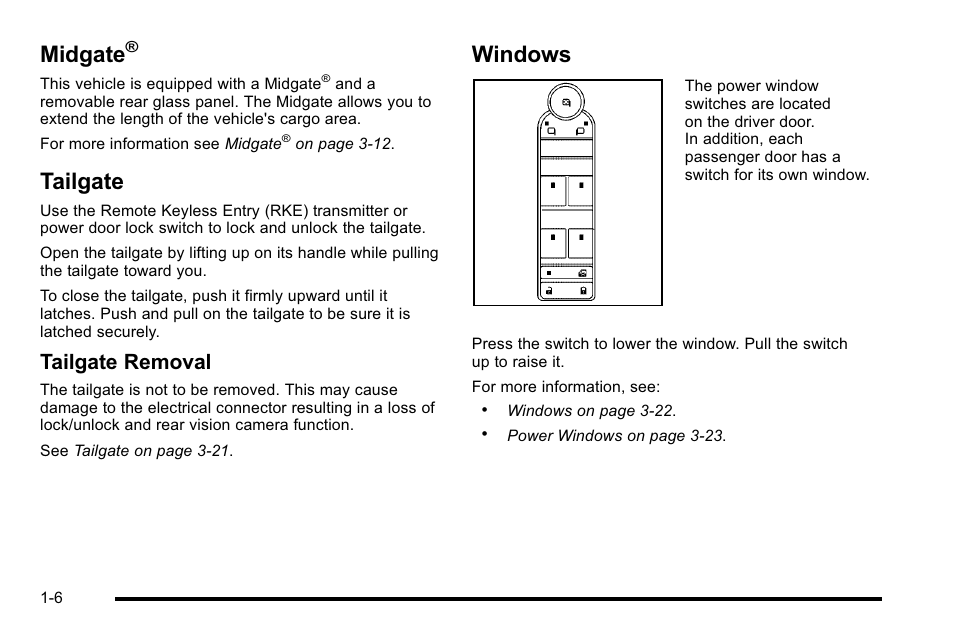 Midgate, Tailgate, Windows | Tailgate -6 windows -6, Tailgate removal | Cadillac 2010 Escalade EXT User Manual | Page 12 / 580