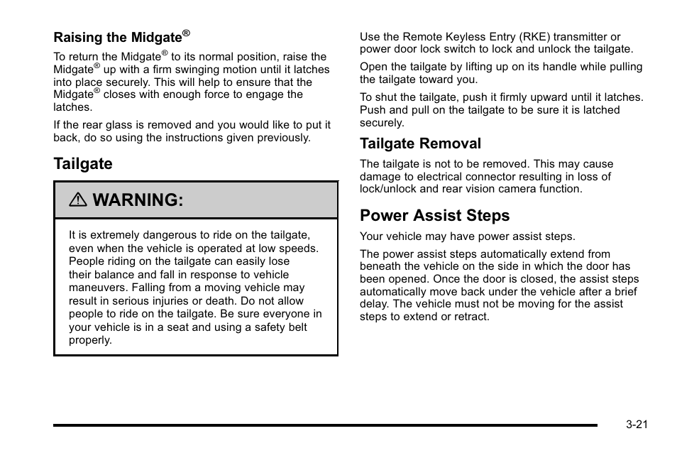 Tailgate, Power assist steps, Tailgate -21 power assist steps -21 | Warning, Tailgate removal | Cadillac 2010 Escalade EXT User Manual | Page 123 / 580